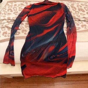Edikted Red & Black Swirl Mesh Long-Sleeve Bodycon Dress
